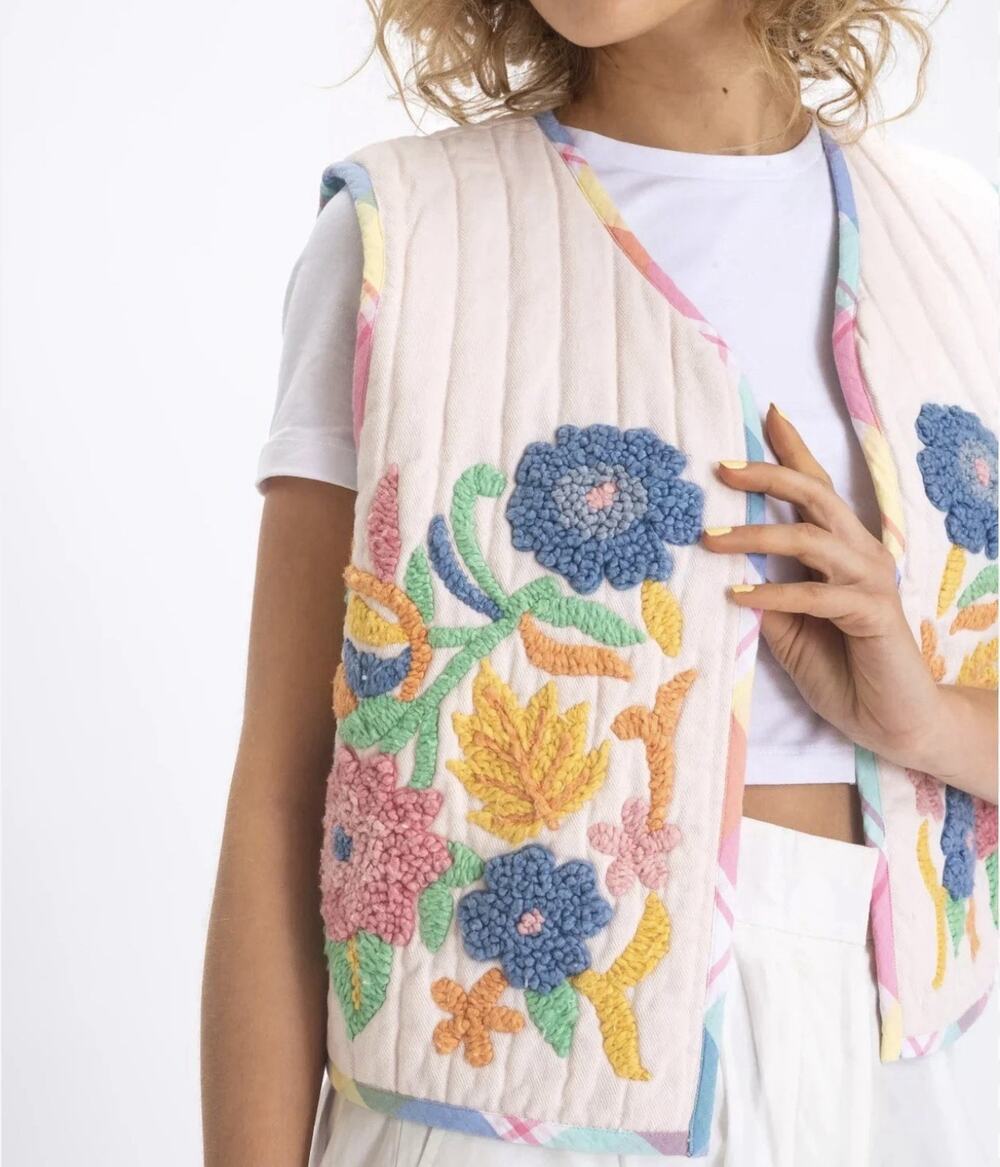 V.De.Vinster Womens Floral Brama Bolero Open Front Vest Pink XS NWT $245